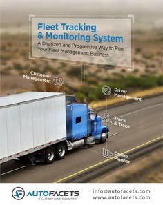 a truck driving down the road with information about fleet tracking and monitoring systems on it