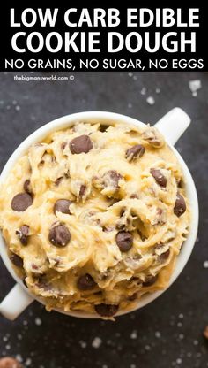 low carb edible cookie dough in a mug with chocolate chips