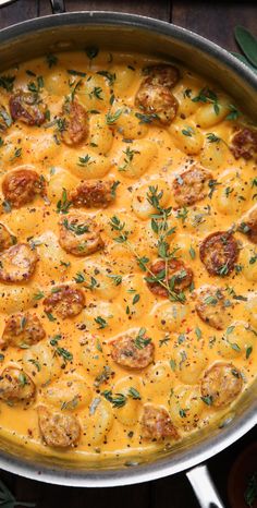 Creamy Butternut Squash Gnocchi with Sausage, Thyme, and Sage in a stainless steel pan Creamy Butternut Squash Gnocchi, Gnocchi With Sausage, Butternut Squash Gnocchi, Squash Gnocchi, Creamy Butternut Squash, Fall Comfort Food, Fall Dinner Recipes, Fall Soups, Fall Dinner