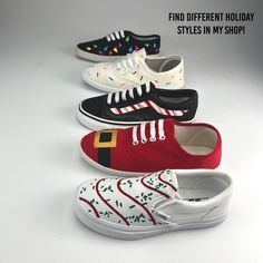 ABOUT:The holidays are about to get a little bit sweeter with these Candy Cane striped Vans by Butter Makes Me Happy. Perfect for Christmas parties, gifts & getting into the holiday spirit! Hand painted shoes has been our specialty for 9 years & you won't even find this kind of craftsmanship at the North Pole. Each pair is designed to last, using the highest quality materials & water resistant finishes. Order today & you will be one step closer to making even Santa envious! -includes 1 pair Vans Diy Christmas Outfit, Vans Sk8 Hi Black, Vans Old Skool Black, Christmas Party Candy, Teacher Shoes, Painted Shoes Diy, Candy Cane Decorations, Christmas Dress Up, Inexpensive Christmas Gifts