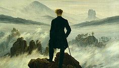 a painting of a man standing on top of a mountain looking out over the clouds