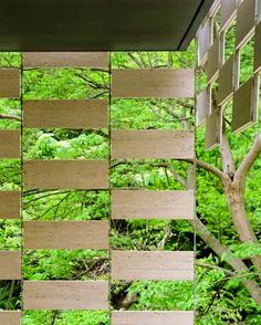 a wooden structure in the middle of a forest