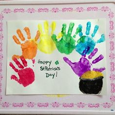 handprints are displayed on a plate with the words happy st patrick's day