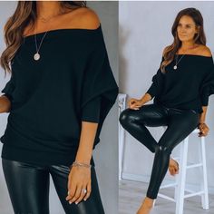 Black Knit Off Shoulder Women Pullover Sweater Tops Pullover Sweater Loose Fit Chic Batwing Sleeve Sweater For Fall, Black Knit Sweatshirt For Layering, Chic Black Sweater For Layering, Winter Stretch Black Long Sleeve Top, Casual Oversized Black Knit Top, Black Stretch Long Sleeve Top For Winter, Oversized Black Casual Knit Top, Black Oversized Casual Knit Top, Oversized Black Chic Knit Top