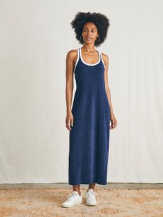 Cabana Towel Terry Dress - Navy Blazer Athleisure Sleeveless Loungewear Dress, Summer Athleisure Loungewear Dresses, Blue Summer Lounge Dresses, Sporty Sleeveless Loungewear Dresses, Sporty Sleeveless Lounge Dresses, Relaxed Cotton Lounge Dress, Relaxed Fit Cotton Lounging Dress, Relaxed Fit Cotton Dress For Lounging, Sporty Sleeveless Beach Dress