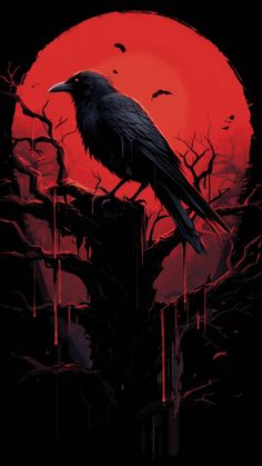 a black bird sitting on top of a tree branch in front of a red moon