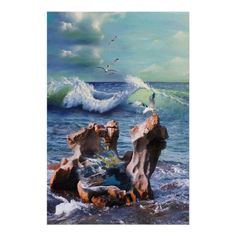 a painting of seagulls flying over rocks in the ocean with waves crashing on them