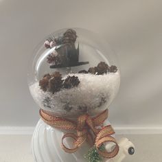 a snow globe with pine cones and other decorations