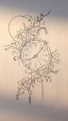 a drawing of a clock with flowers and vines on it's face is shown