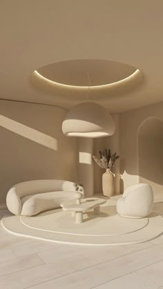 a living room filled with white furniture and a circular light fixture