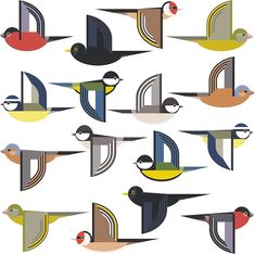 an image of birds that are flying in the air with different colors and shapes on them