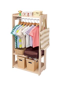 a child's closet with clothes and toys on the shelves, including a bag