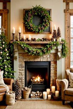 a living room filled with furniture and a fire place covered in christmas wreaths next to a fireplace