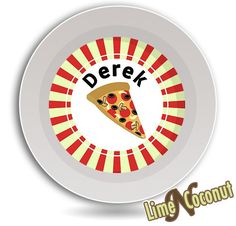 a white plate with a slice of pizza on it and the words derek written in large letters