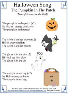 halloween song worksheet with pumpkins and ghost in the bag for kids to read