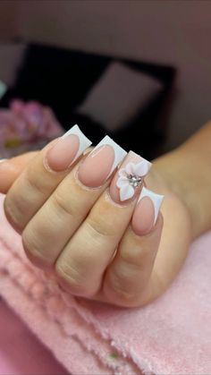 french tips, white frenchies, classic acrylic inspo, nail inspo, acrylic flower nails French Tip Acrylic Nails Flower Design, White Frenchies Nails Short, Short Nails For Quinceanera, Pretty Nails White French Tips, Nail Inspo Acrylic Short Square, Nail Inspo French Tip With Design, French Tip With Acrylic Flowers, Nails Acrylic French Tip White, Short Acrylic Nails With Flower Design