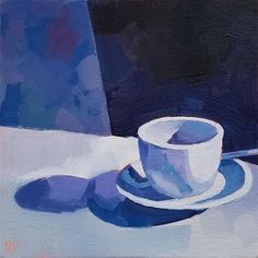 a painting of a cup and saucer on a white tablecloth with blue background