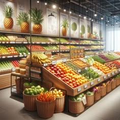 a grocery store filled with lots of fresh fruits and veggies on display in baskets