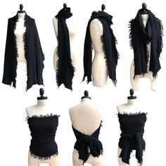 100% Cashmere Black Fringe-Edged Trim Wrap/Shawl/Shrug/Scarf/Strapless Top/Opera Stole By Suss Unique, Special, Versatile, Classic Closet Staple Piece In Luxe, Soft, Cozy, Black Cashmere Fray/Fringe On Sides Gives This Piece A Chic, Sophisticated, Standout Look Wear As A Wrap, Shawl, Scarf, Shrug, Sarong, Or As A Strapless Bustier-Style Top Tied In Back Or In Front To Create A Belted Look (So Good!) Hand Wash Or Dry Clean Shown On Xs Dress Form Condition: Excellent, No Flaws Approx. 80" X 18" With Fringe Multipurpose Multiuse Hygge Cozy Winter Formal Holiday Minimalist Minimalism Natural Fiber Capsule Elegant Cashmerecore Core Festive Shrug Scarf, Scarf Shrug, Holiday Minimalist, Edge Scarf, Classic Closet, Strapless Bustier, Winter Formal, Wrap Shawl, Shawl Scarf