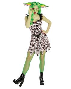 a woman in a costume with green hair