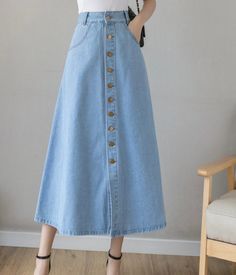 Denim Washable Blue High Waist Elegant Denim Women Skirts – Shoeu Denim Button Skirt, Long Skirt Fashion, Fall Trends Outfits, Denim Skirt Outfits, Aesthetic Dress, Long Denim Skirt, Denim Skirt Women, Fall Outfits For Work, Easy Trendy Outfits