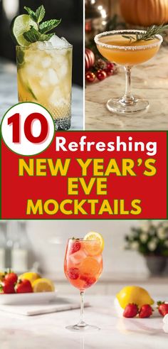 Three festive mocktails for New Year's Eve: a citrus mojito garnished with lime and mint, a spiced orange drink in a coupe glass with a rosemary sprig, and a fruity strawberry lemon punch in a wine glass with fresh strawberries and lemons. Perfect non-alcoholic drinks for holiday celebrations.