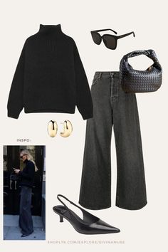 Work Black Jeans Outfit, Black Jumper And Jeans Outfit, Fall Outfits For Work Corporate, Oversized Black Jumper Outfit, Kitten Heels Work Outfit, Casual Black Heels Outfit, Chic Business Casual Fall, Fall Outfit With Heels, Casual Business Jeans Outfit