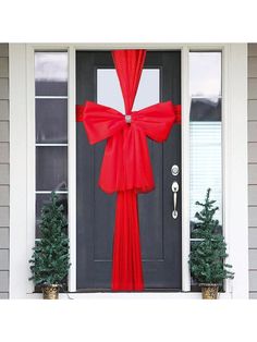 a red bow on the front door of a house with potted trees and evergreens