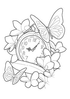 a clock surrounded by butterflies and flowers