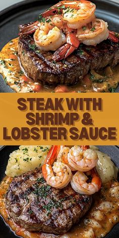 steak with shrimp and lobster sauce served on a black platter over mashed potatoes