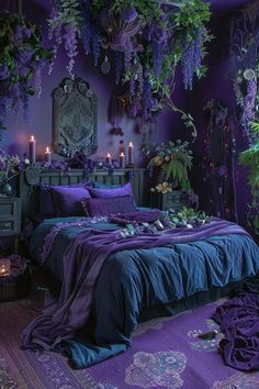 a bedroom with purple walls and lots of greenery