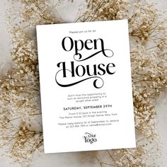 an open house party flyer with flowers on the side and black lettering that reads open house