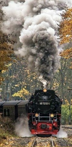 a black train traveling down tracks next to trees