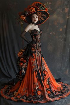 Halloween Ballgown, Halloween Ball Gown, Spanish Dresses, Catrina Dress, Halloween Gown, Womens Vintage Dresses, Fantasy Dresses, Fantasy Gowns, Fairytale Dress