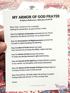 someone holding up a prayer card with the words, my armor of god prayer