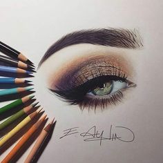 a drawing of an eye with colored pencils around it