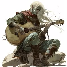 a man with long white hair sitting on top of a pile of rocks holding a guitar