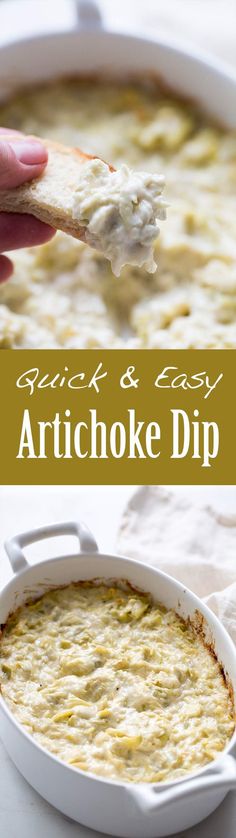 an artichoke dip in a white casserole dish