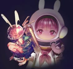 two anime characters with bunny ears on their heads, one is holding a knife and the other has scissors