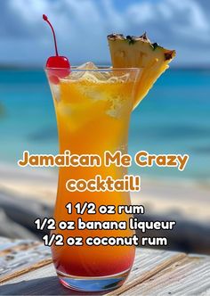 a cocktail with a cherry garnish on the rim and text that reads jamaican me crazy cocktail