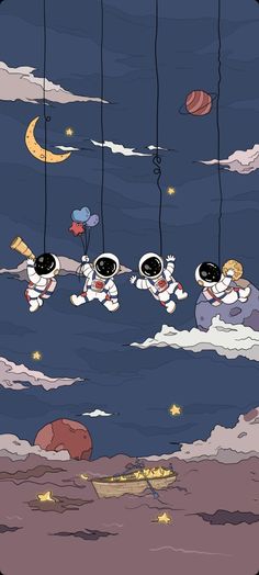 three astronauts floating in the sky with stars and clouds above them, as if they were flying