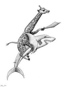 a drawing of a giraffe riding on top of a shark