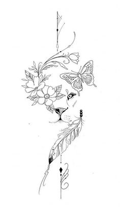 a black and white drawing of a dog's face with flowers, butterflies and feathers