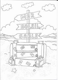 a black and white drawing of luggage on the beach with directional signs in the background