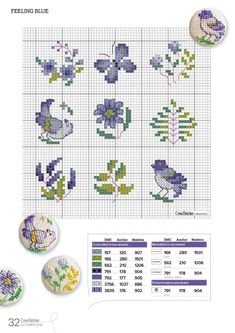 cross stitch pattern with flowers and birds on the side, in different shades of purple