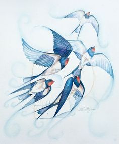 a painting of birds flying in the air with their beaks open and wings extended