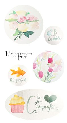 watercolor stickers with flowers and cupcakes on them