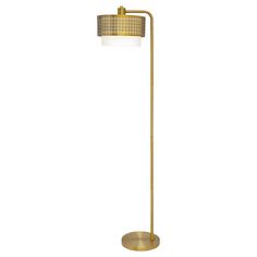 a gold floor lamp with a white shade on the base and a round light fixture