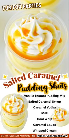 an advertisement for salted caramel puddings with orange and white icing on top