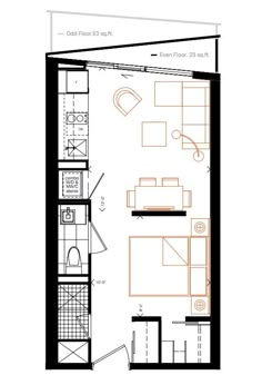 the floor plan for a studio apartment with one bedroom and an attached bathroom, including a separate living area